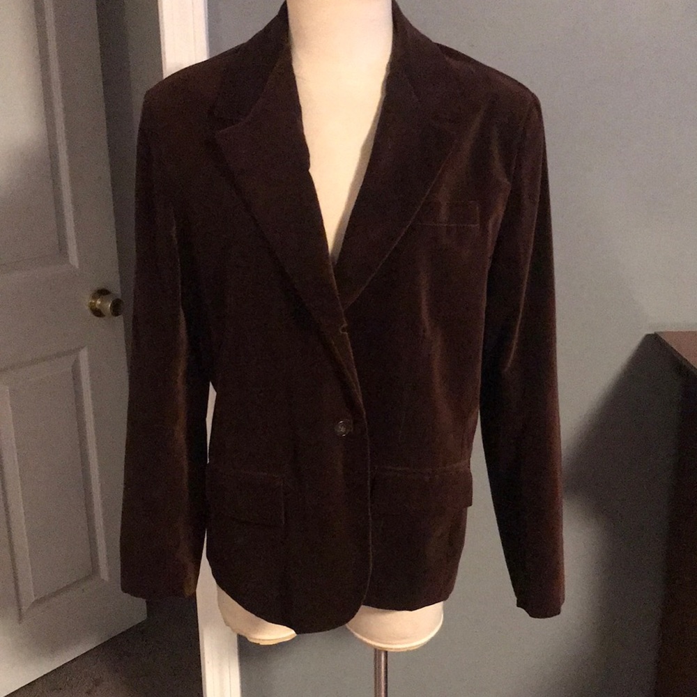 Chocolate Brown Velour Blazer Jacket Two-Button Notched Lapel Pockets.